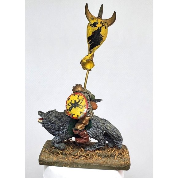 Ogre Warrior On Wolf W/ Flag Shield Miniature Figurine Statue On Stone Slab - Picture 4 of 10